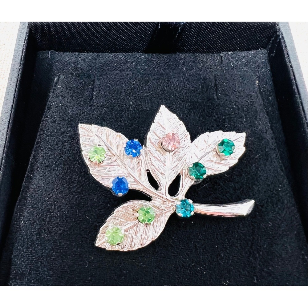 Vintag Anson Sterling Silver Leaf Multi Color Gemstone Brooch Pin